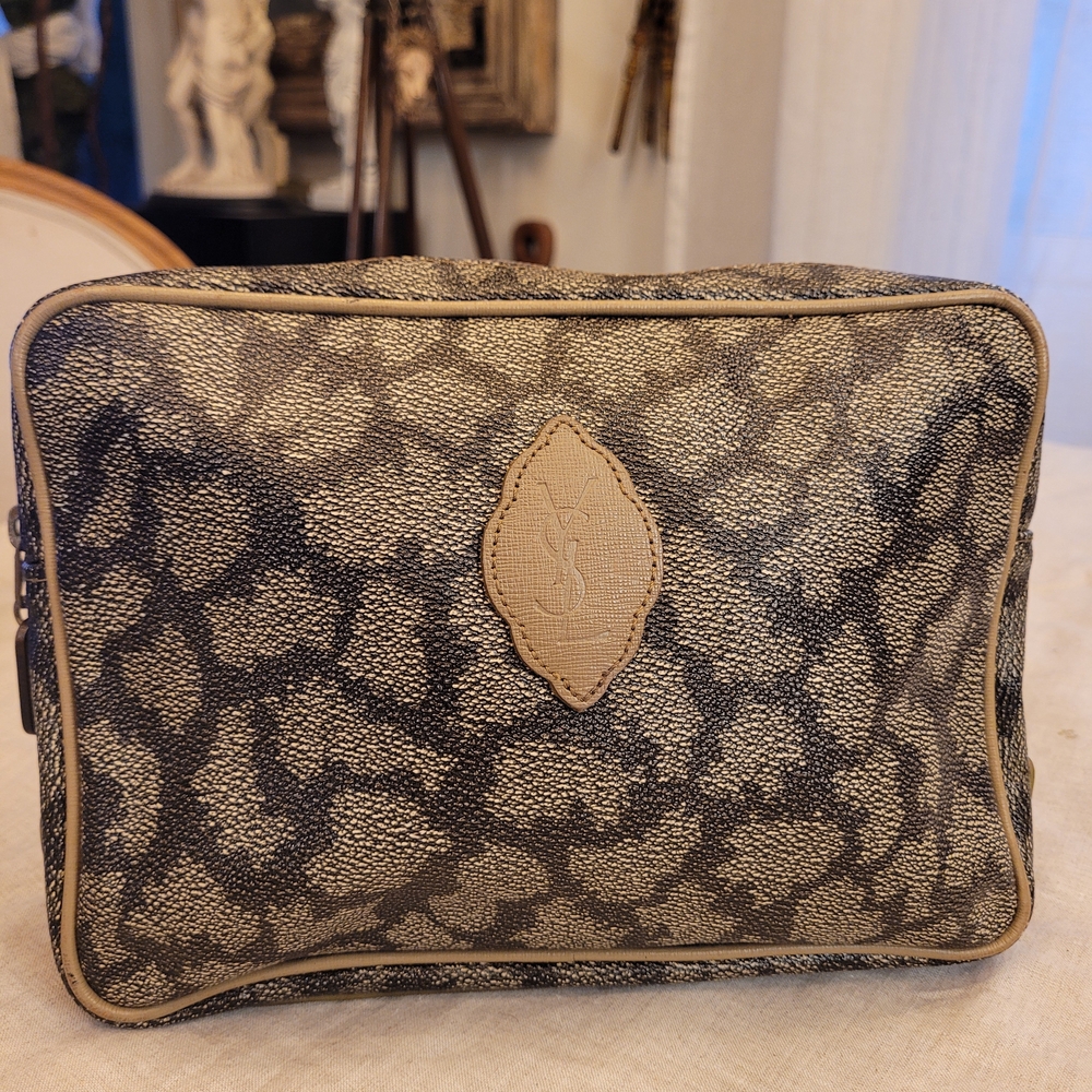 Yves Saint Laurent Gray and Tan Toiletry Bag with Logo Accent